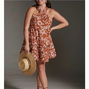 🌹Anthropologie Rust Floral Halter Mini Dress